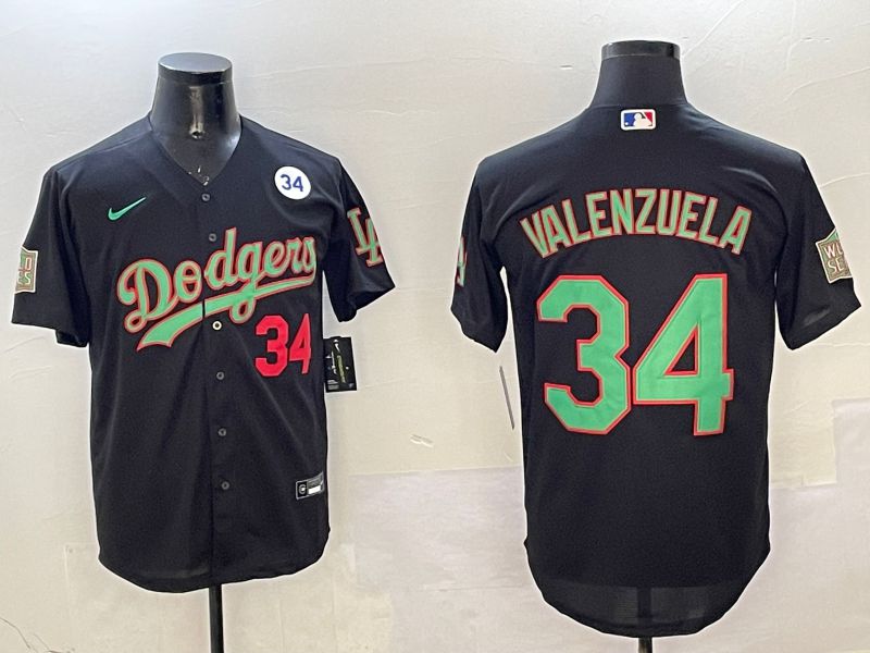 Men Los Angeles Dodgers 34 Valenzuela Black green Fashion 2025 Nike MLB Jersey style 3